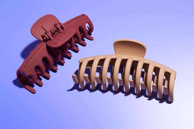 Gimme Beauty Thick Hair Claw Clips - Large Hair Claws for Curly & Textured Hair - Strong Non-Slip Curly Hair Accessories - Trendy & Washable Hair Styling Essentials - Red & Tan, 2 Pack