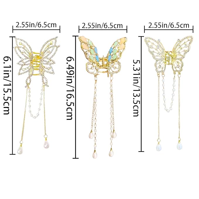 3 Pieces Butterfly Hair Claw Clip Butterfly Tassel Hair Clips Rhinestone Metal Exquisite Hair Clips Non Slip Hair Clamps Hair Styling Accessories for Women Girls
