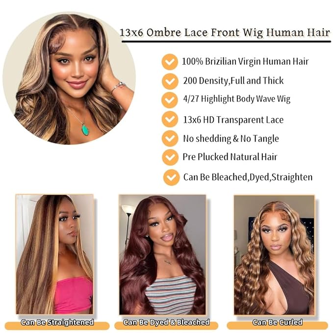 Sunelk Honey Blonde Ombre Lace Front Wig Human Hair Highlight Body Wave Lace Front Wigs Human Hair Pre Plucked 200 Density Glueless Wig 13X6 HD Lace Frontal Wig for Women 4/27 Colored 28 Inch