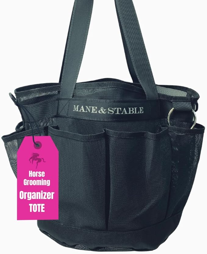 Horse Grooming Bag Hanging Tote with 8 Pockets - Lightweight Mesh Organizer for Horse Supplies, Adjustable Shoulder Strap