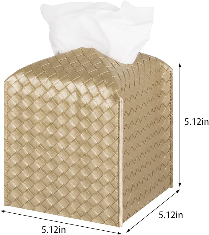 Tissue Box Cover PU Leather Tissue Holder Square Facial Tissue Case Facial Paper Organizer Dispenser for Bathroom, Vanity Countertop, Tabletop, Car, Gold