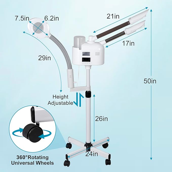Professional 3 in 1 Facial Steamer, Stand on Wheels with 5X LED Magnifying Lamp, Use at Home or Salon SPA Esthetician with hot and Cold Nozzle for Skin Deep Clean