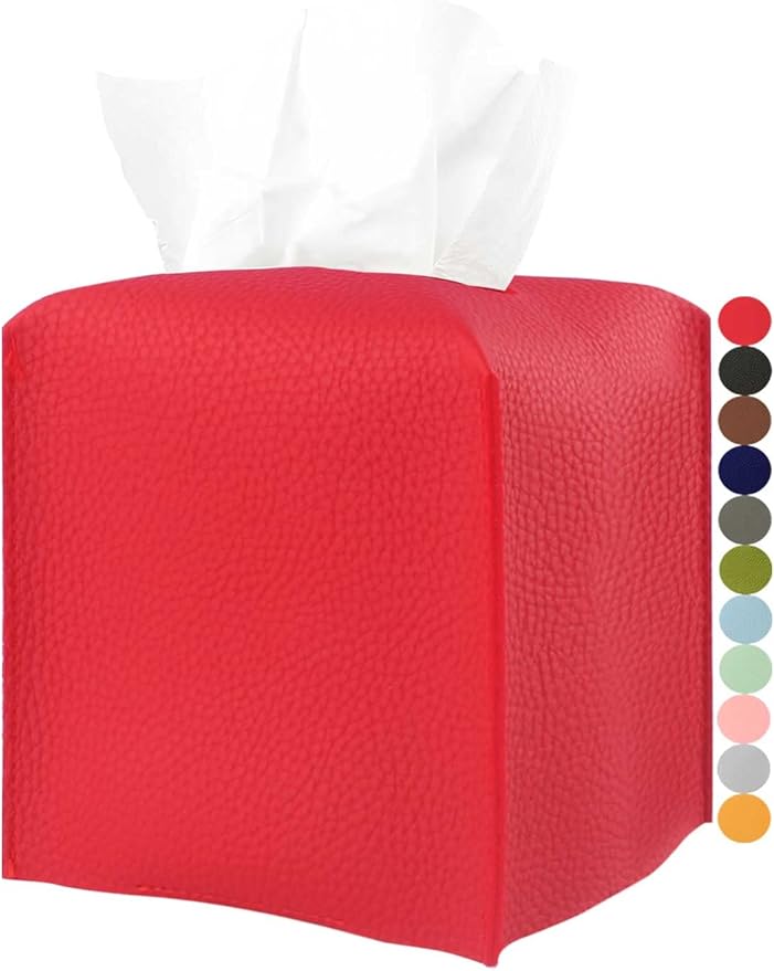 Red Tissue Box Cover Square – with Bottom Belt [JESMINI, Red] Modern PU Leather Tissue Cube Box Holder Decorative for Bathroom Vanity Countertop/Night Stands/Office Desk, 5x5x5