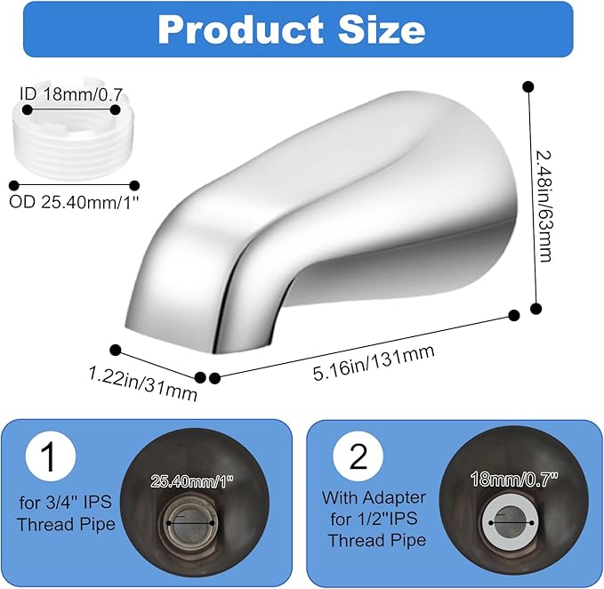 Universal Bath Tub Spout with Adapter, Bathtub Faucet Spout Without Diverter, 5" Length Bathtub Faucet for 1/2'', 3/4'' IPS Inside Thread Connection and Tub/Shower Faucet (Chrome)