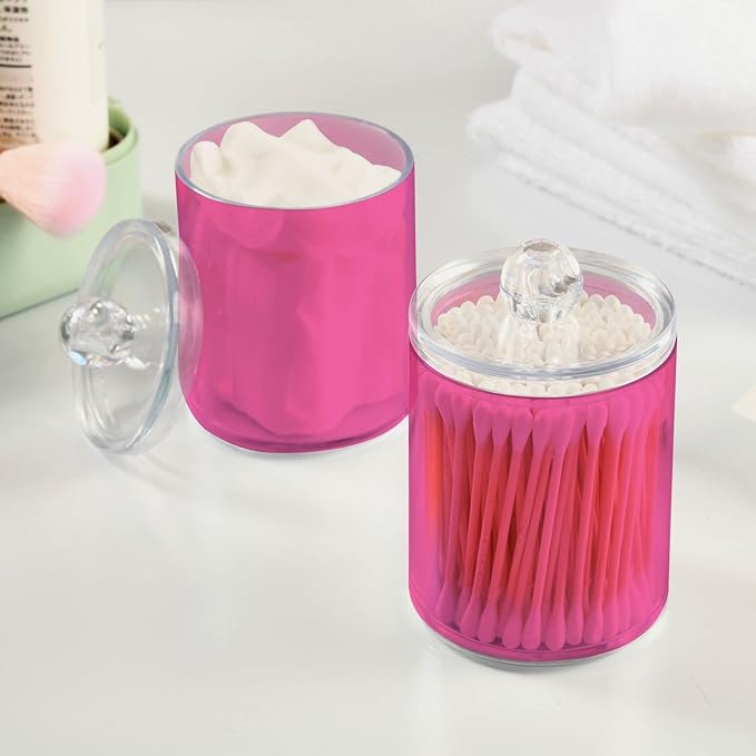 Hot Pink Qtip Holder Organizer Dispenser Cotton Swabs Cans Plastic Jars with Lid Set 2 Pack Bathroom Storage Canister for Cotton Ball Floss Cotton Pads