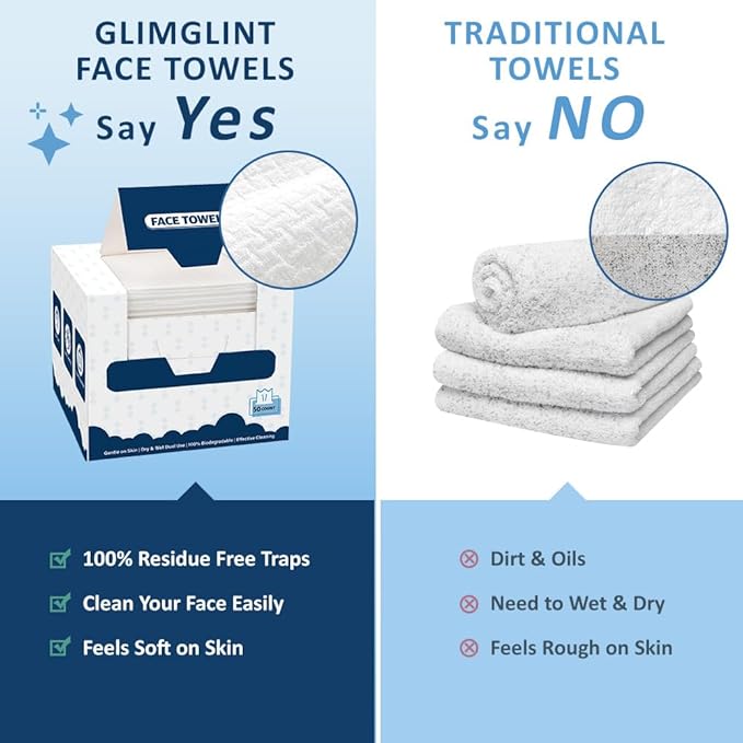 GLIMGLINT Face Towels, 100 Count (2 Box) Disposable Face Towelettes, Biodegradable Makeup Remover Dry Wipes, Super Soft Clean Facial Towels Wash Cloth for Sensitive Skin