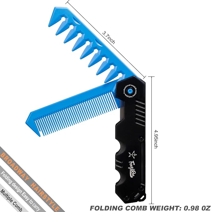 Protable Folding 2 in 1 Hair Comb Dence Tooth Comb Wide Tooth Comb Sparse Styling Pocket for Combing Straight hair Curly Hair Beards Mustaches for Men Barber Hairdresser (Blue)