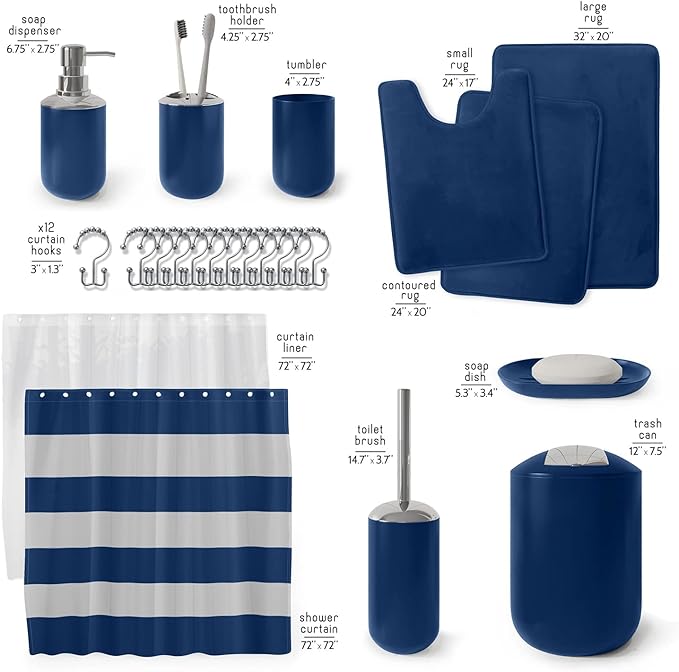 Clara Clark Bathroom Set - Navy Bathroom Accessories Set, Bathroom Sets with Shower Curtain and Rugs, 23PC Shower Curtain Set with Liner, Soap Dispenser, Soap Dish, Toilet Brush Holder, and Trash Can