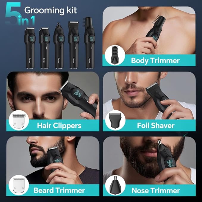 5-in-1 Electric Beard Trimmer Magnetic Replacement Heads, Professional Cordless Hair Clippers for Men Rechargeable, IPX7 Waterproof Grooming Kit for Face, Mustache, Body, Nose, Gifts for Men (Black)
