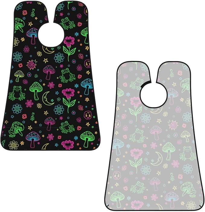 Adjustable Beard Bib, Non-Stick Hair Catcher Cape for Men's Shaving, Waterproof with 2 Suction Cups, Purple Flower Trippy Goth Moon Mushrooms Floral Shave Bib