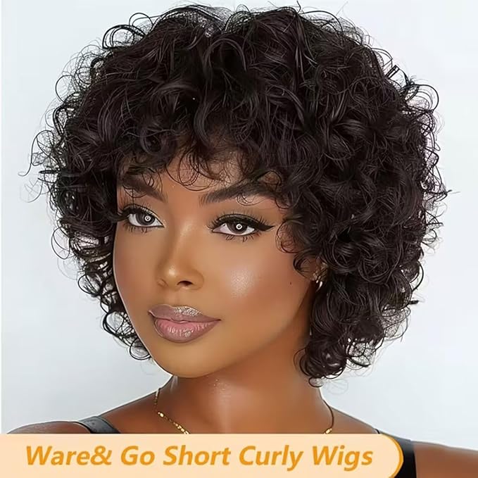Adette Brazilian Human Hair Wig - 6 Inch Short Curly Style 180% Density for Black Women, Natural Black Color with Bangs