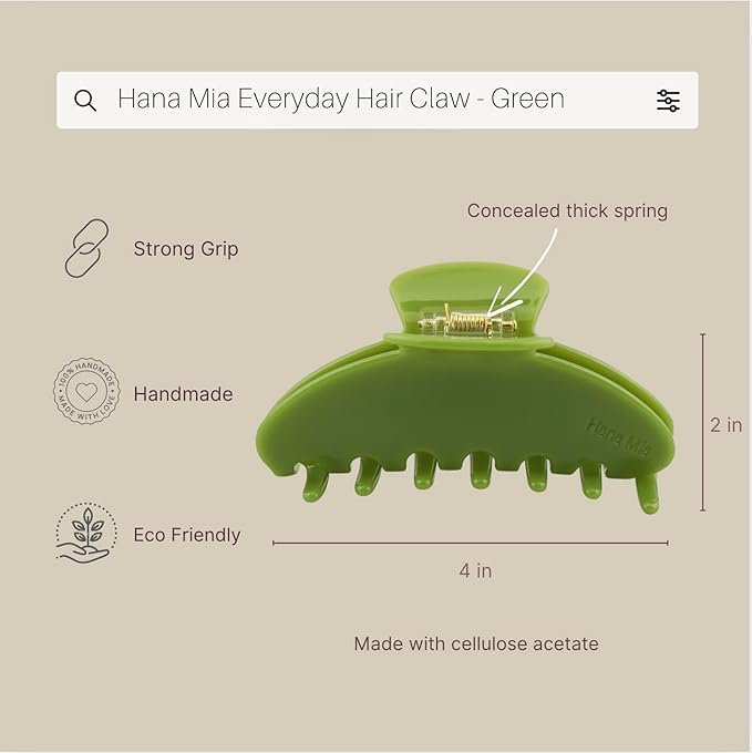 Luxury Green Claw Clip for Women | Our Acetate Green Hair Clip Feels Light, Looks Smooth and is Easy to Wear | Use for easy Half Ups with No Snagging and a Secure Grip in a Large Four Inch Size