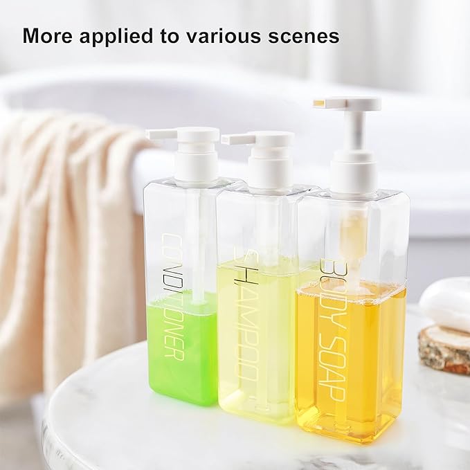 Shampoo and Conditioner Dispenser Shower Soap Bottles 3 Pack 550ml/18.6oz Refillable Shampoo Pump Bottle Dispenser Plastic Empty Body Wash Dispensers with Stylish Permanent Labels for Bathroom (Clear)