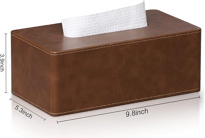 Tissue Box Cover Rectangular 9.8"(L) x 5.3"(W) x 4.3"(H) Refined Modern PU Leather Facial Tissue Dispenser Box Holder for Dresser Bathroom Decorative (Brown)