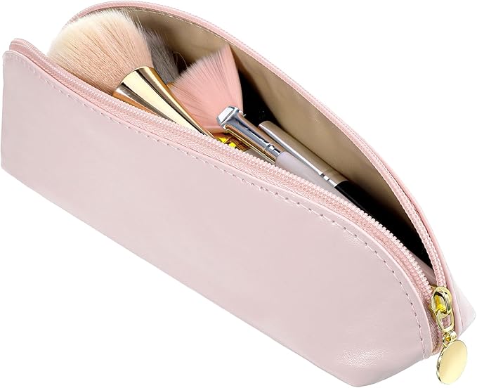 Prasacco Leather Makeup Brush Bag With Zipper, Portable Travel Cosmetic Organizer Case, Compact Toiletry Pouch For Daily Work Essentials