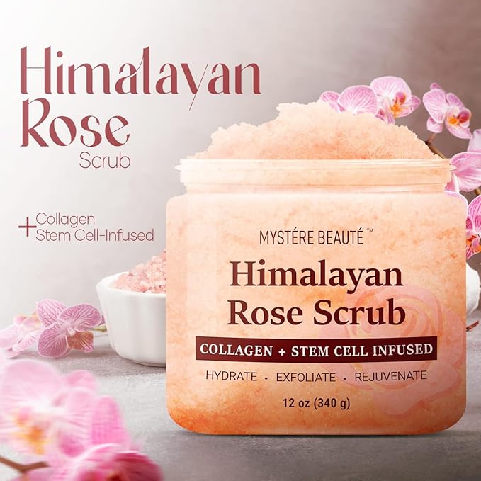 Himalayan Salt Body Scrub Twin Pack (12 oz x 2) - with Collagen, Rose Oil & Stem Cells - Exfoliating Scrub for Cellulite, Acne & Stretch Marks - Natural Skin Care Gift Set