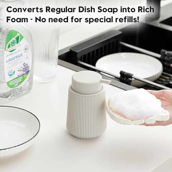 Striped Foaming Hand Soap Dispenser with Leak-Proof Pump for Bathroom and Kitchen Countertop 11oz Beige
