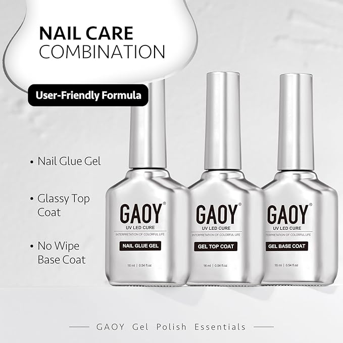 GAOY Gel Top Coat, Nail Glue Gel and Base Coat Set, 3 Pcs 16ml Clear Glossy No Wipe Combination for UV Light Cure