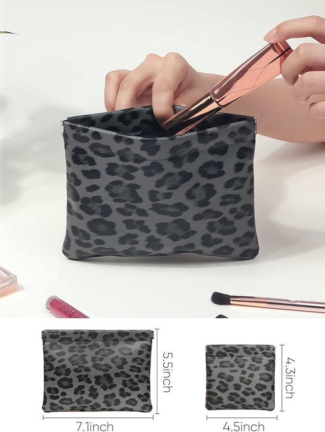 2 Leopard Leather Small Makeup Pouches Set for Women,Cosmetic Accessories,Waterproof and Portable Cosmetic Bags,Self-closing,No Zipper, Aesthetic Storage Pouch,Lipstick for Purse, Black