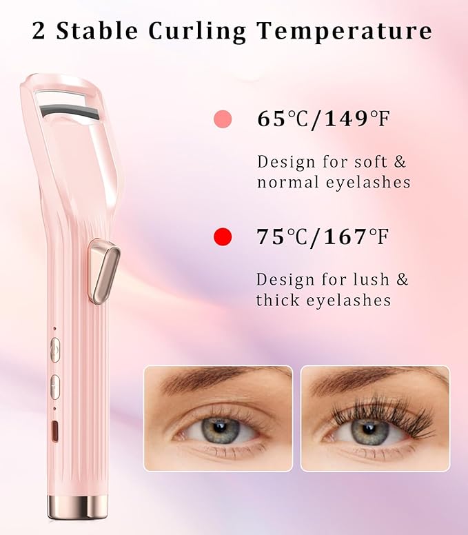 Heated Eyelash Curler Premium PRO - Fast Heat up in 8s - 24 Hours Long Lasting - Rechargeable Electric Eyelash Curler with Type-C, Innovative L Silicone, 2 Heat Modes, Anti-Burn Eyelid, Pink-FD