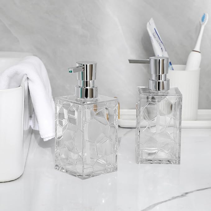 Hand Soap Dispenser, Clear Acrylic Plastic Liquid Pump Bottles Refillable Lotion Dispenser for Bathroom Decor Kitchen College Dorm, 2 Pack
