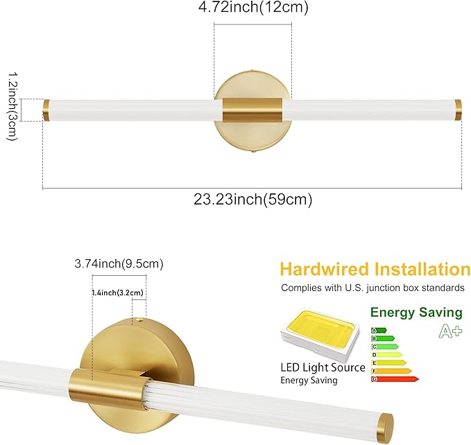 Gold Wall Sconces Set of Two Hardwired, Dimmable 5CCT LED Bathroom Light Fixtures Over Mirror, 360° Full Lighting 23 inch Vanity Light Bar Modern Wall Sconce for Bathroom Bedroom Living Room