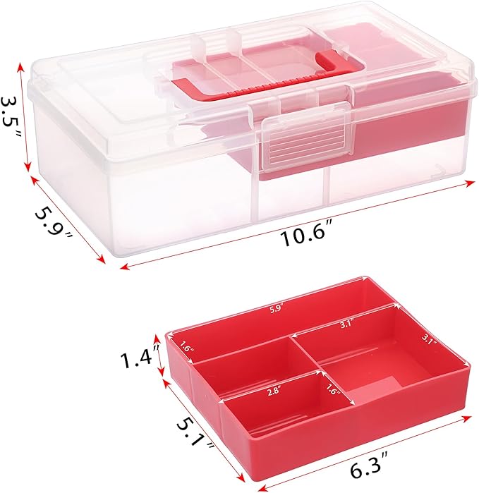 JUXYES Plastic Fishing Tackle Box Organizer with Removable Dividers, Clear Fishing Tackle Storage Boxes with Handle, 2 Layer Fishing Tackle Tray Box Lure Box, Red