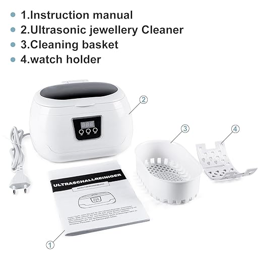 Ultrasonic Jewellery Cleaner, 600ml Sonic Jewellery Bath Machine with Cleaning Basket and Watch Stand- Stainless Steel Tank & Digital Timer -for Jewelry Glasses Watch Metal Coins Dentures