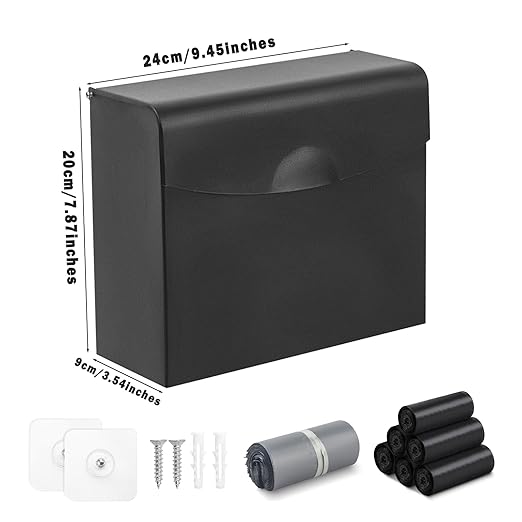 Sanitary Napkin Disposal Receptacle with Hygiene Disposal Bags and Trash Bag,9.4x7.8x3.5 inches Stainless Steel Wall Mounted Feminine Hygiene Disposal Trash Can Bin for Bathroom,Office (Black)