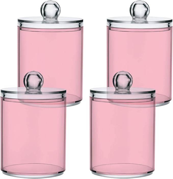 Pink Qtip Holder Organizer Dispenser Cotton Swabs Cans Plastic Jars with Lid Set 2 Pack Bathroom Storage Canister for Cotton Ball Floss Cotton Pads