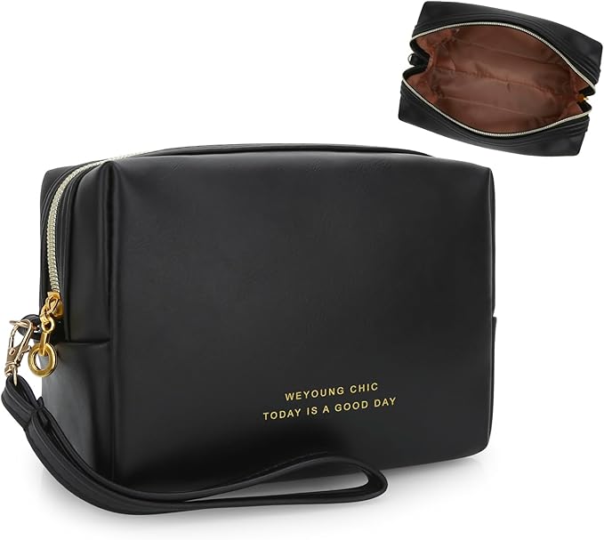 Small Makeup Bag Travel Cosmetic Bag Toiletry Zipper Pouch Make Up Organizer Bag with Handle Purse for Women Soft PU Leather Skincare Case (Black)