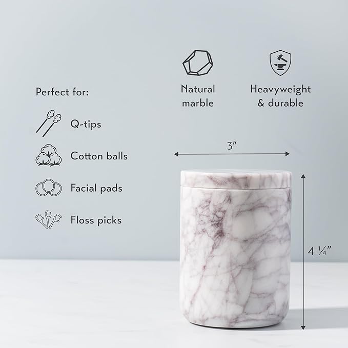 Cork & Mill Marble Bathroom Container with Lid - Holder for Qtip Swabs, Cotton Balls, Pads, Rounds, or Floss Picks - White Apothecary Jar for Q Tips - Canister for Organizing Bathroom Counter Vanity