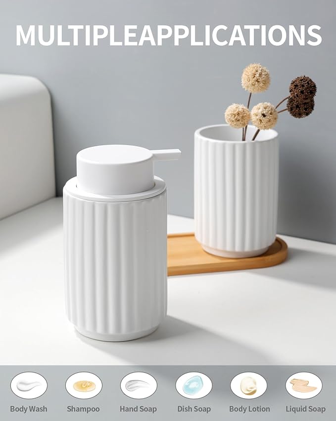 Soap Dispenser, Liquid White Ceramic Refillable Hand Soap Pump for Bathroom Kitchen, 10.5OZ Lotion Dispenser Dish Soap Dispenser, Modern Stripe Design, ANTIS'S HOME
