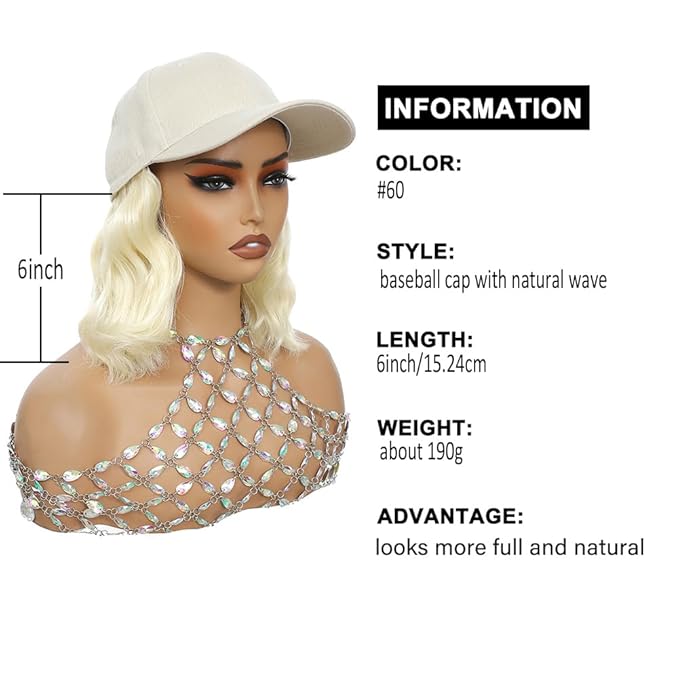 GUOJIAN Hat Wigs for Women 6' Short Wave Baseball Cap Wigs with Curly Hair Extensions Synthetic Wave Wig Adjustable Hat with Hair Attached for Daily Use (W60, 6inch)