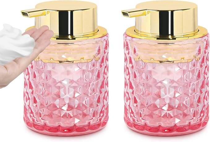 2pcs Pink Glass Foaming Soap Dispenser, Bathroom Refillable 10 Oz Foam Hand Soap Dispenser, Vintage Lotion Shampoo Container Gold Large Pump Bottle for Bathroom Countertop and Kitchen Decor