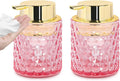 2pcs Pink Glass Foaming Soap Dispenser, Bathroom Refillable 10 Oz Foam Hand Soap Dispenser, Vintage Lotion Shampoo Container Gold Large Pump Bottle for Bathroom Countertop and Kitchen Decor