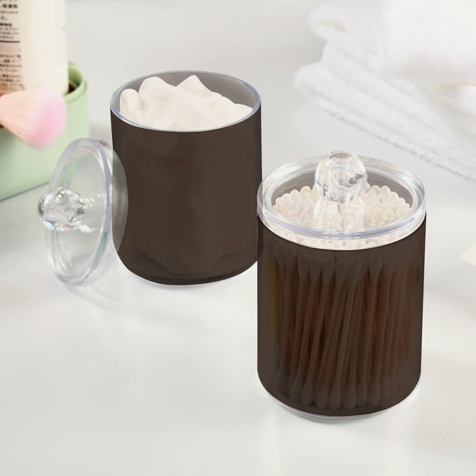 Brown Qtip Holder Organizer Dispenser Cotton Swabs Cans Plastic Jars with Lid Set 4 Pack Bathroom Storage Canister for Cotton Ball Floss Cotton Pads