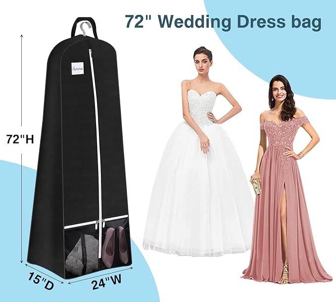 SLEEPING LAMB 72'' Bridal Wedding Gown Dress Garment Bag 15'' Gusseted Garment Cover Shoe Pockets Travel Garment Storage Bag for Prom, Evening Gowns, Black