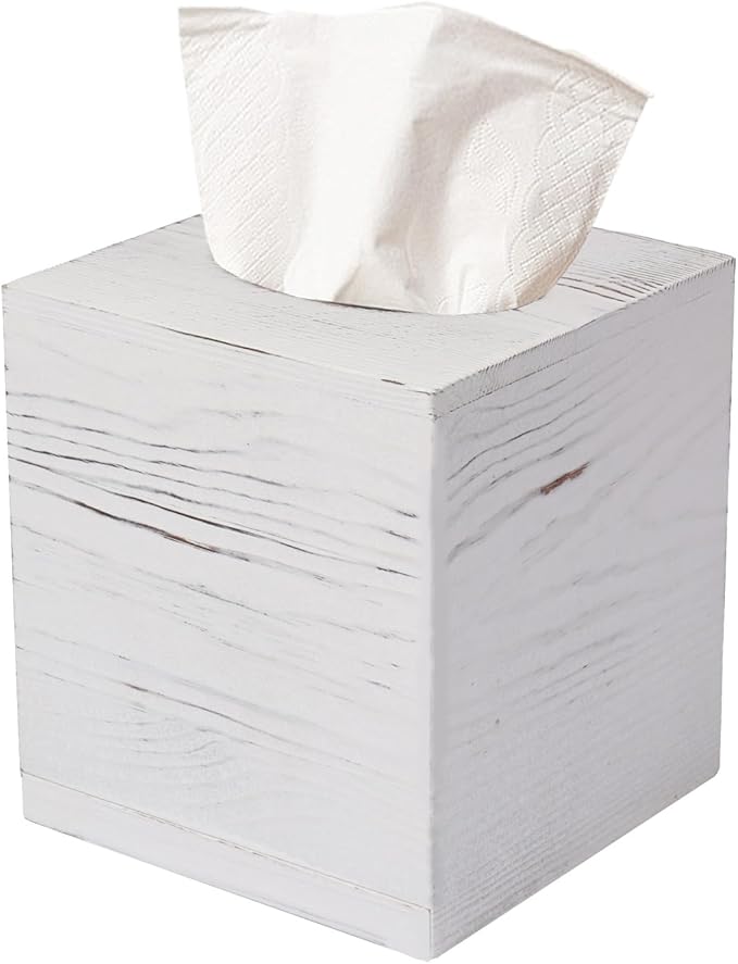 Tissue Box Cover Square, Rustic White Wooden Tissue Box Holder for Kleenex - Facial Tissue Holder for Bathroom, Bedroom, Office, Vanity