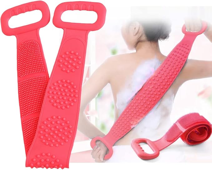 Silicone Back Scrubber Belt (28 inch) Pink – Extra Long-Double-Sided Bath Scrub Strap Gently Massages and Exfoliates Skin - Shower Back Scrubber - Back Washer for Shower Men & Women - Back Exfoliator