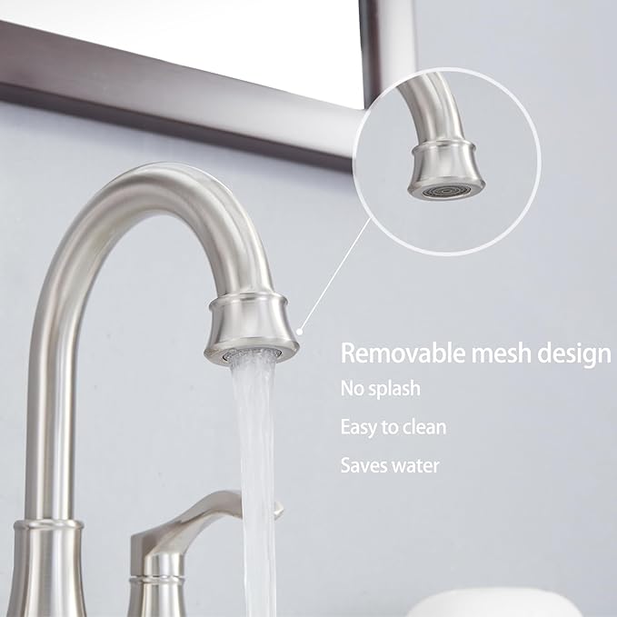 Lead-Free Commercial 2-Handle Brushed Nickel Bathroom Sink Faucet, 360° Swivel High-Arc Spout 4 Inch Centerset Lavatory Vanity Faucets Set for Bathroom Sink with Drain & Water Hoses, VLS10003BML-1
