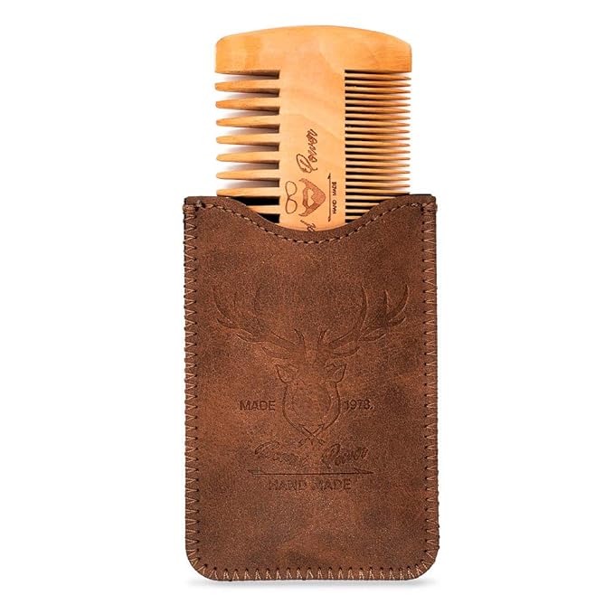 Wooden Comb with Durable Case - Fine & Coarse Teeth, Pocket Comb for Beards, Mustaches & Hair, Brown Deer Design