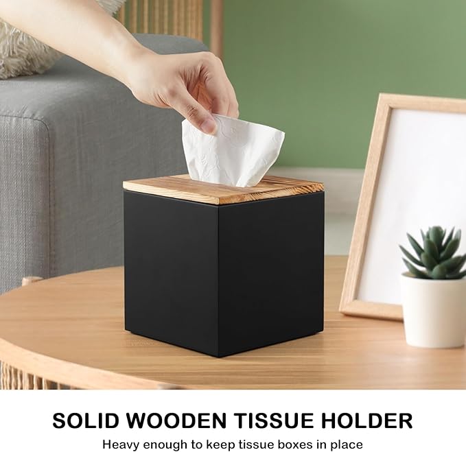 Black Tissue Box Cover Square - Wooden Tissue Box Holder - Decorative Cube Facial Tissue Dispenser for Vanity Toilet Tank Dresser Nights Stand Kitchen Table Office Countertop