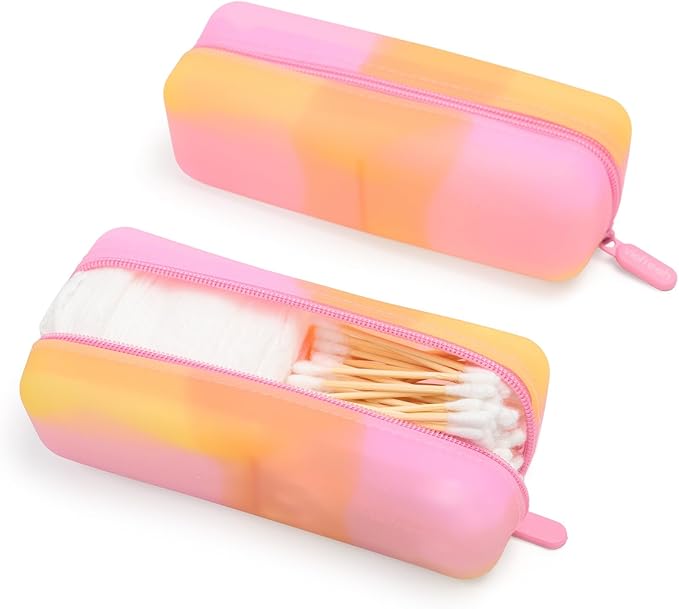 Cotton Pad Swab Travel Case – 2-in-1 Portable Waterproof Qtips Dispenser for Cotton Square Pad & Qtip, Floss, Bobbi Pin, Nail Kit, Hair Accessories Organizer TSA Compliance – VISFRESH (Peach Sunrise)