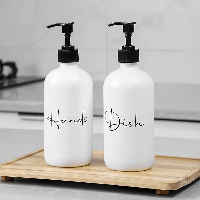 17 oz Hand Soap Dispenser Glass Liquid Dish Soap Bottles, Refillable Empty Lotion Pump Bottles for Bathroom Decor, Kitchen Sink, Matte Design, White, Pack of 2