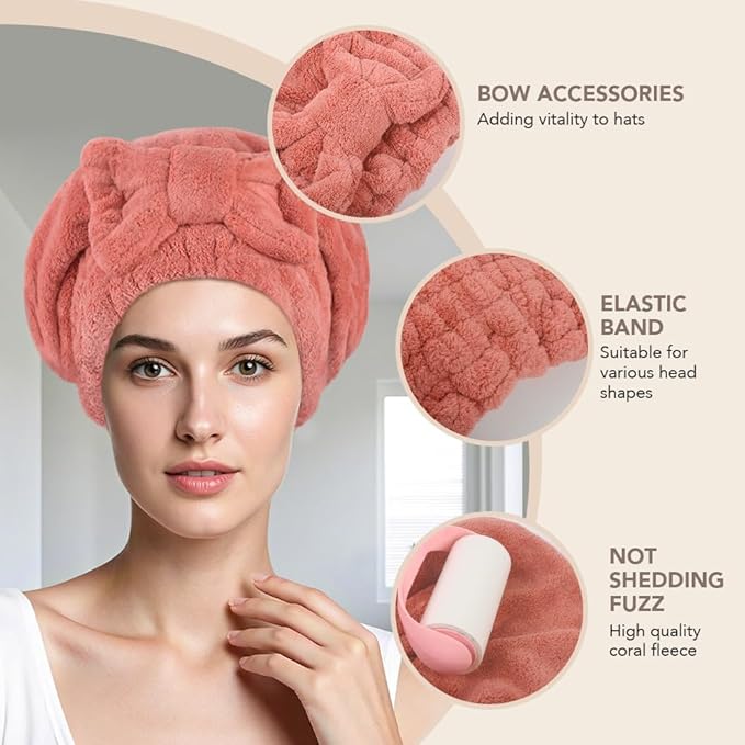 SUNLAND Large Microfiber Hair Drying Caps with Bow Knot Fast Drying Shower Cap Soft and Absorbent hairWrap Hair Turban Bath Caps for Curly Thick and Wet Hair 11 X 13.4 inch 2 Pack Red