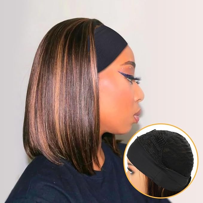 xccoco Highlight Headband Wigs for Black Women Short Brown Yaki Straight Hair Headband Wig Put On and Go Glueless Wig Natural Looking Synthetic Wig with Headband,12inch