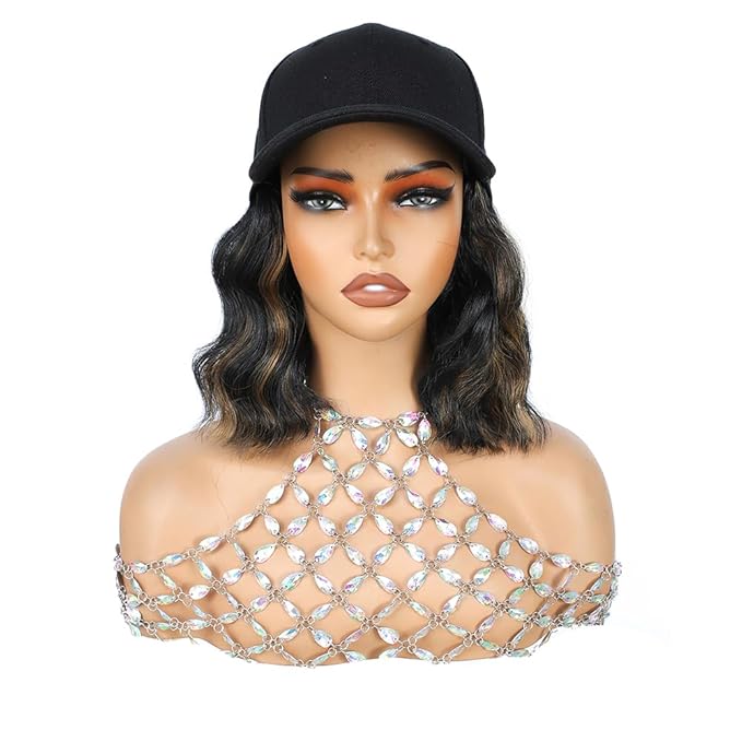 GUOJIAN Hat Wigs for Women 6' Short Wave Baseball Cap Wigs with Curly Hair Extensions Synthetic Wave Wig Adjustable Hat with Hair Attached for Daily Use (1B/27, 6inch)