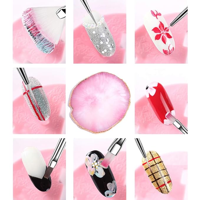 24 Pieces Nail Art Tools Kit Resin Nail Art Palette Acrylic Silicone Engraving Pen Dotting Pen Mixing Palette Detail Brushes Tools for Nail Art DIY Home Salon Makeup Display (Rose red)