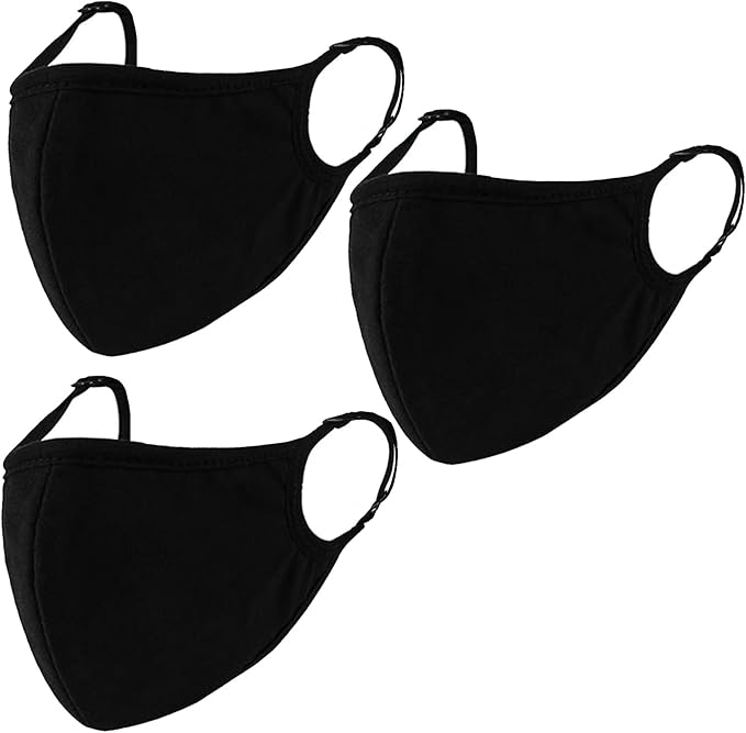 Black Cloth Face Mask 3 Pack,Washable, Reusable and Breathable Face Covering with Nose Wire and Adjustable Ear Protection Loops for Adult & Teens